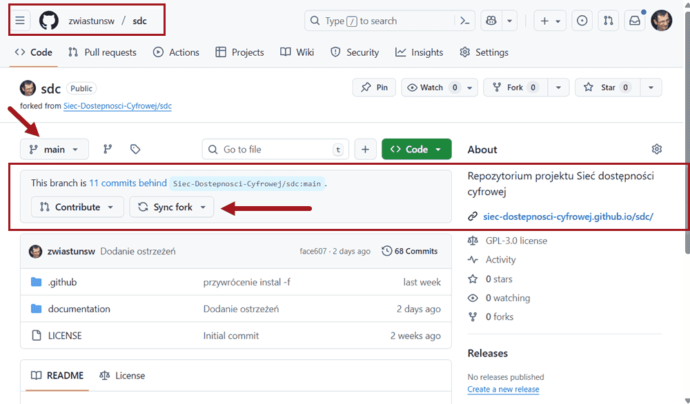 Lokalizacja przycisku Synchronizuj fork
