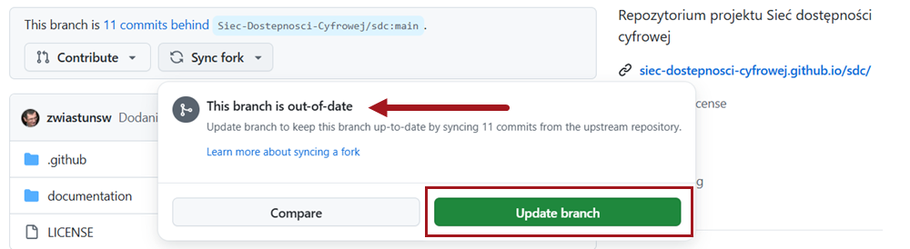 Okno z komunikatem o aktualności głównej gałęzi
