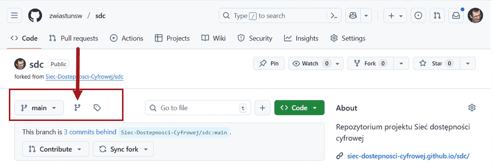 Przycisk Idź na stronę gałęzi