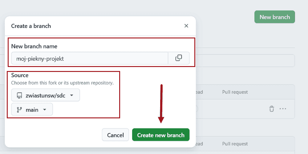 Formularz Utwórz gałąź