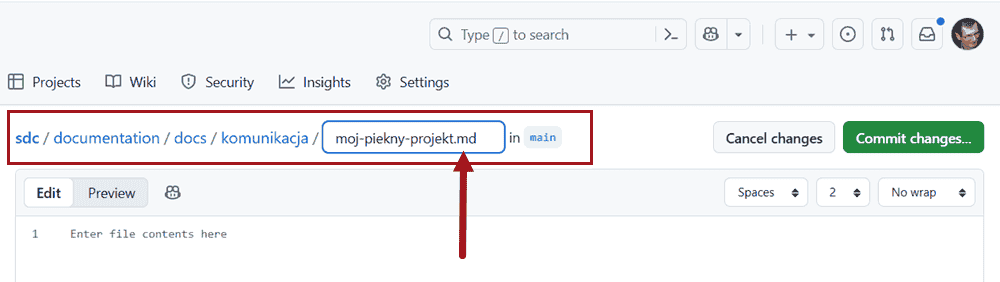 Ścieżka powrotu z nazwą dokumentu wpisaną jako ostatni wizualnie element ścieżki