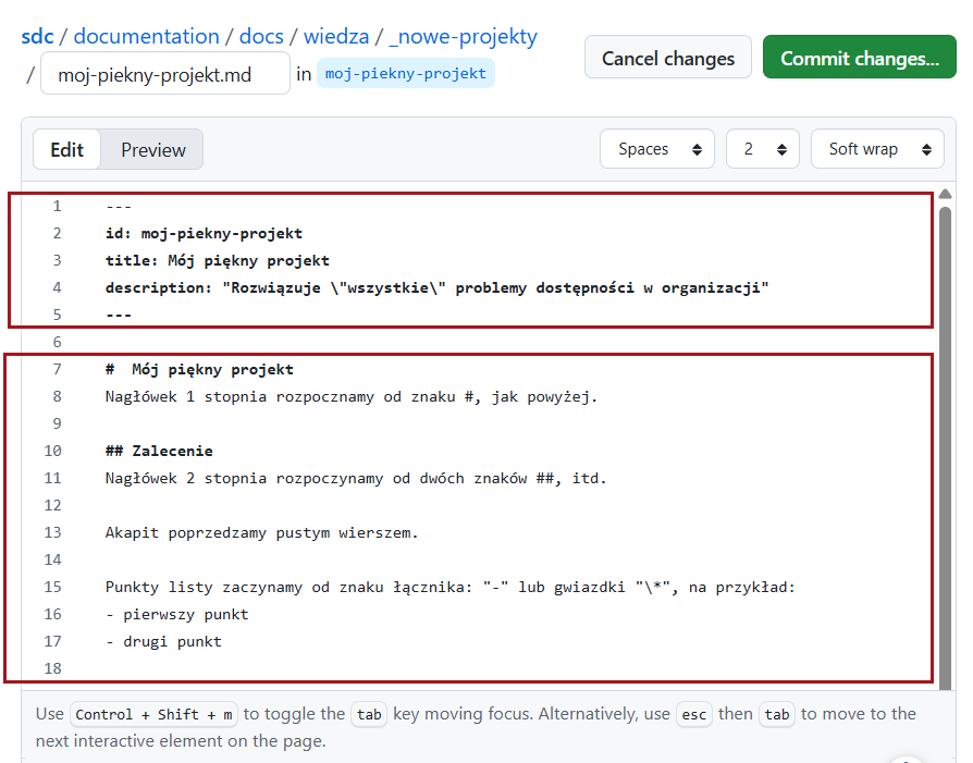 Fragment dokumentu w edytorze