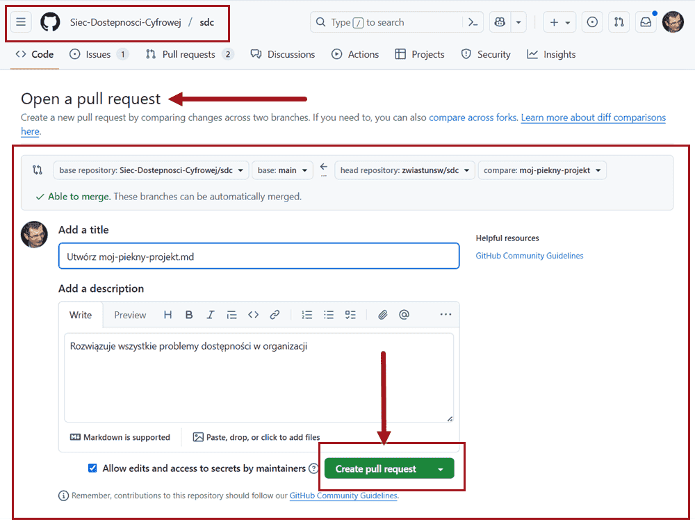 Położenie przycisku Prześlij zmiany