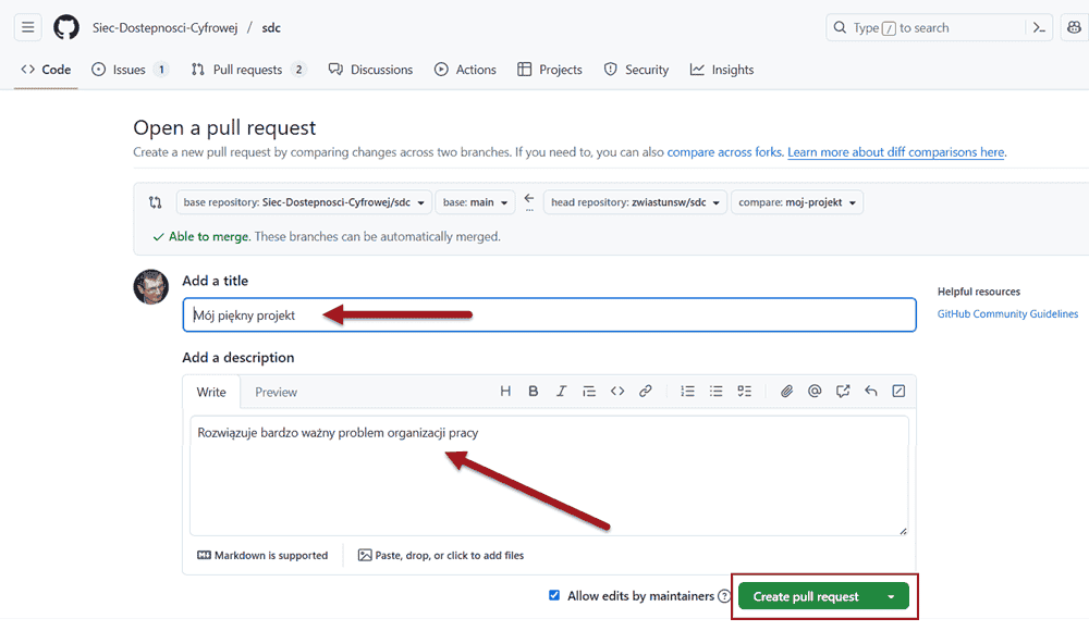 Widok Otwórz pull request w repozytorium Sieci