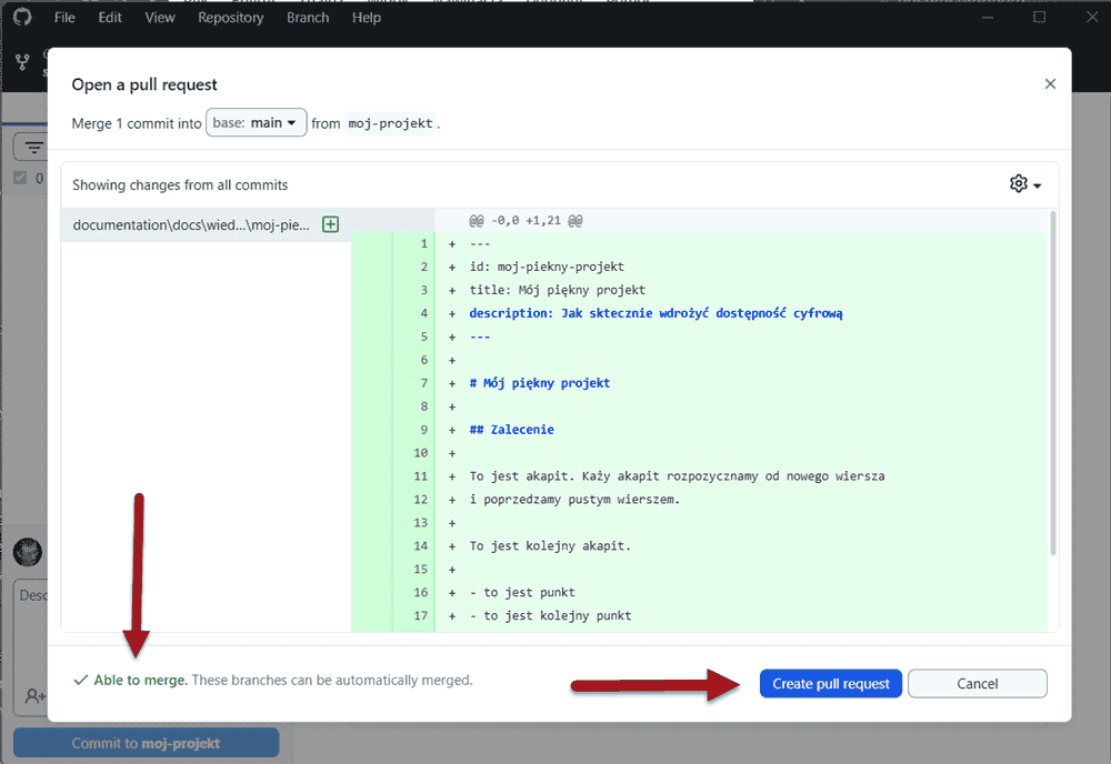 Przycisk Utwórz żądanie scalenia