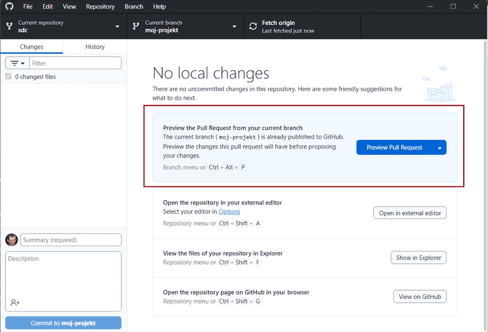 Polecenie Wyświetl podgląd żądania scalenia z bieżącej gałęzi