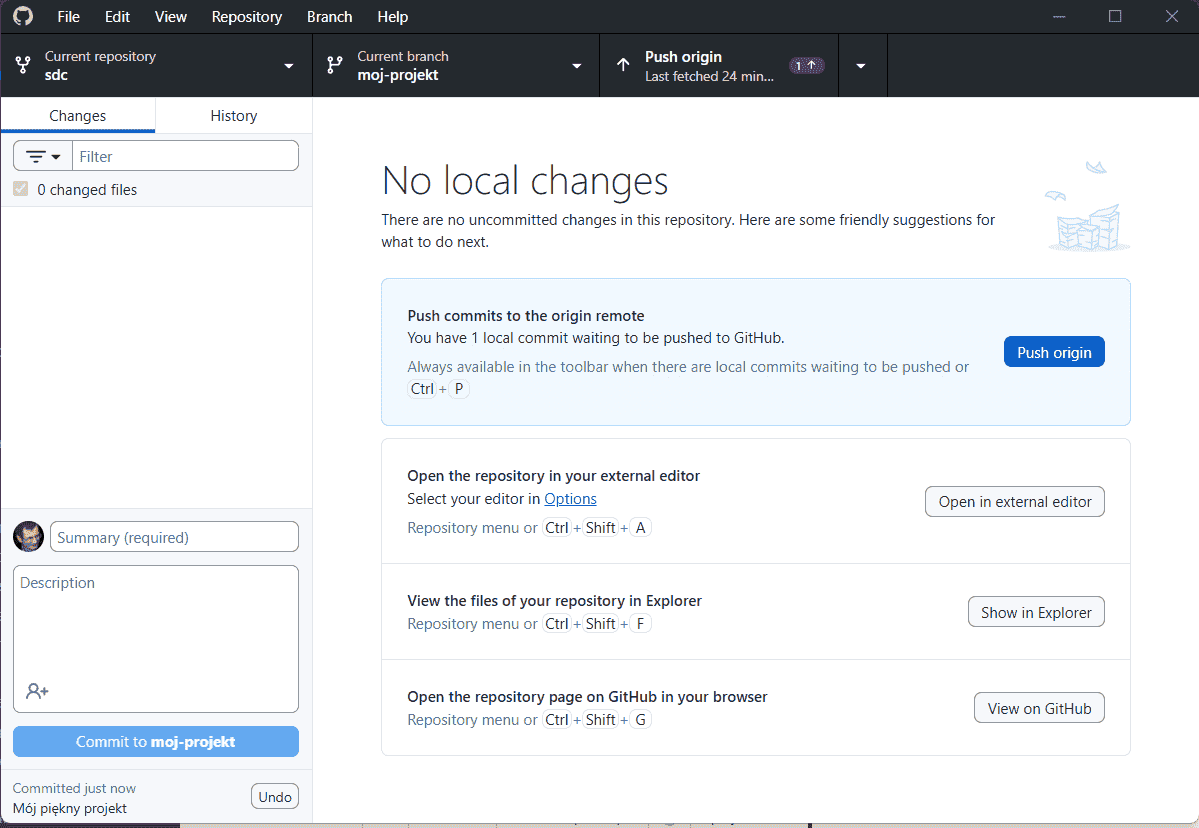 Dokument gotowy do przesłania w oknie GitHub Destkop