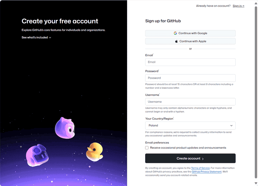 Formularz Załóż konto na Github