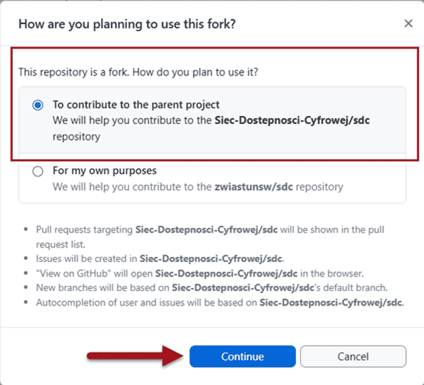 Okno, jak planujesz korzystać z forka