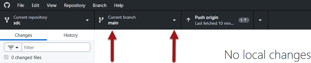 Nagłówek aplikacji Github Destkop. Strzałki wskazują bieżącą gałąź i przycisk roziwjający listę gałęzi