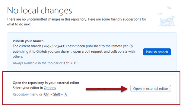 Ekran Github Destkop z zaznaczoną opcją Otwórz w zewnętrznym edytorze