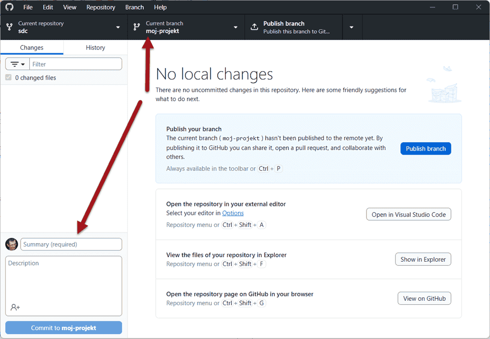 Okno, utworzona gałąź