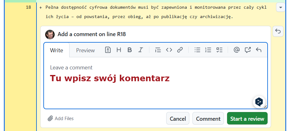 Miejsce na komentarz w edytorze
