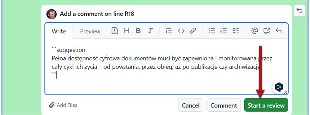 Przycisk Rozpocznij recenzję