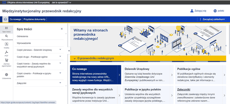 Fragment okładki Międzyinstytucjonalnego przewodnika redakcyjnego Unii Europejskiej